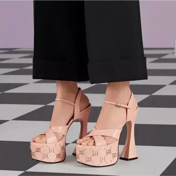 Gucci Janaya Pink Interlocking G Studs 39.5/ US 9.5 Heels Platform Sandals NIB - Picture 2 of 15